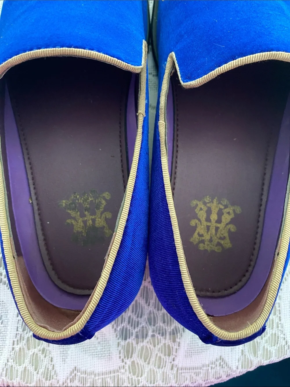 Men's Royal Blue Velvet Slip-On Loafers with Gold Embroidery